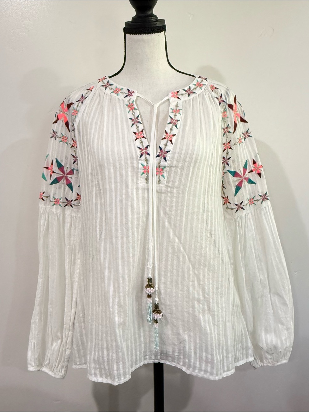Belle Vere Embroidered Long Sleeve V Neck Top with Beaded Tassels